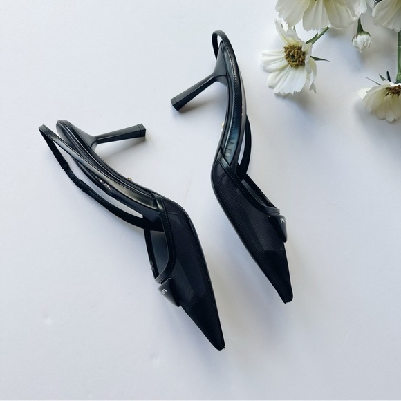 Prada Women’s Mesh Slingback Pump Heels Black Nero Size 6 - Picture 15 of 16